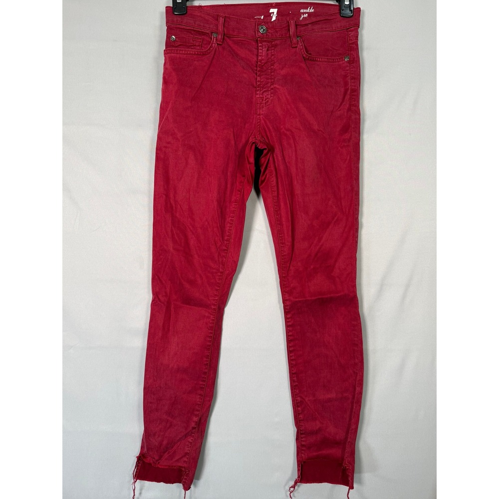 7 For All Mankind Ankle Gwen Red Skinny Jeans Raw Frayed Step Hem Size 27 - Picture 1 of 13